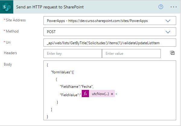 Petición actualizar columna fecha sharePoint con Power Automate