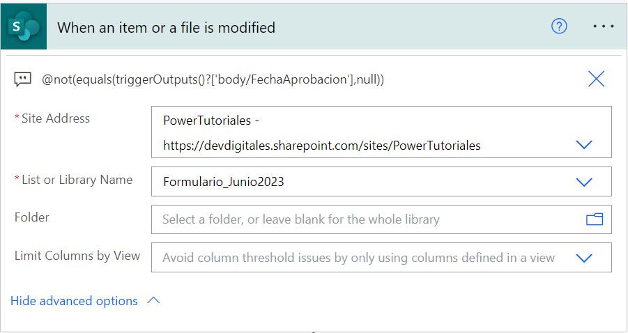 Cuando se modifica un elemento Sharepoint lanzar flujo.