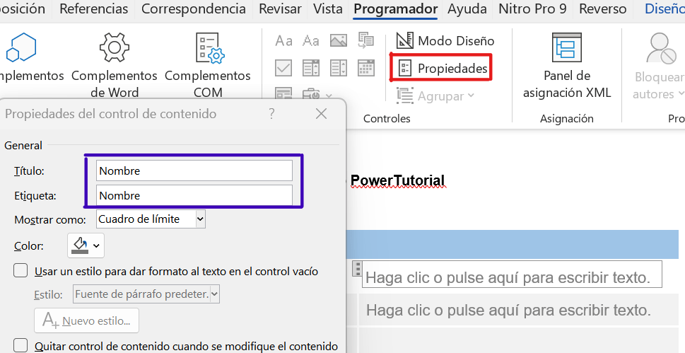 Campos programador de Word